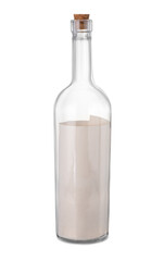 Rolled letter in corked glass bottle isolated on white