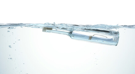 Corked glass bottle with rolled letter in water on white background