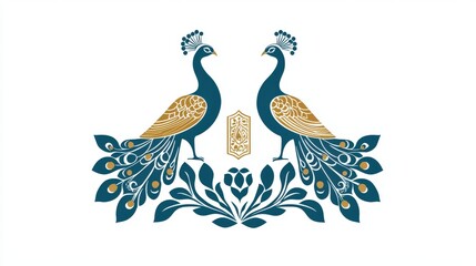 Fototapeta premium Elegant Peacock Design on White Background Featuring Two Stylized Birds and Intricate Floral Elements