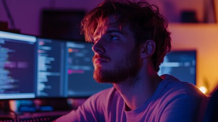 Unhappy Sad Developer Programmer Man In Stress Coding Software, 
