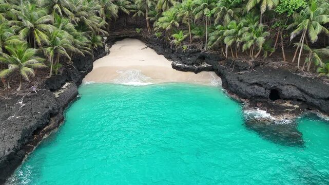 Sao Tome and Principe - Battery Beach at Ilheu das Rolas. Pristine Equatorial Island With Turquoise Waters and Lush Palm Forest.