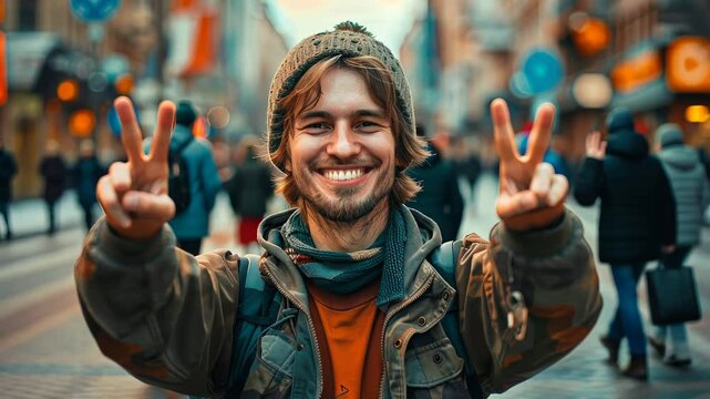 A joyful man traveler shows peace signs while walking through a lively urban area filled with people during sunset
