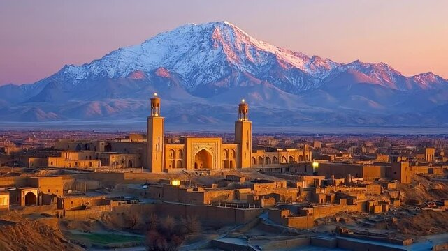 Sunrise Mosque, Mountain, Cityscape, Travel Poster