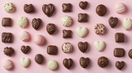 A Symphony of Hearts: A Delightful Collection of Exquisite Chocolate Hearts, Beautifully Displayed on a Pastel Pink Surface, Creating a Scene of Pure Romance and Sweet Indulgence