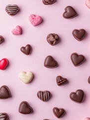 Fototapeta premium A Symphony of Hearts: A Delightful Collection of Exquisite Chocolate Hearts, Beautifully Displayed on a Pastel Pink Surface, Creating a Scene of Pure Romance and Sweet Indulgence