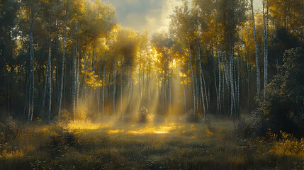 Obraz premium Golden Sunlight Streaming Through Autumn Forest