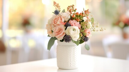 Peach roses, ranunculus bouquet, wedding decor, blurry background