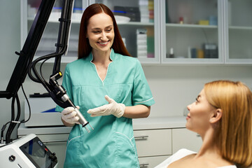 Obraz premium Beautiful young woman receiving a dermatology procedure in a modern clinic