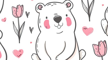 Fototapeta premium Cute teddy bear pattern, in pastel pink and cream colors, with hearts and tulip doodles on a white background