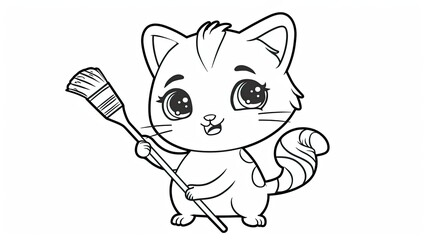 Fototapeta premium Cute cat with a paintbrush, coloring page for kids