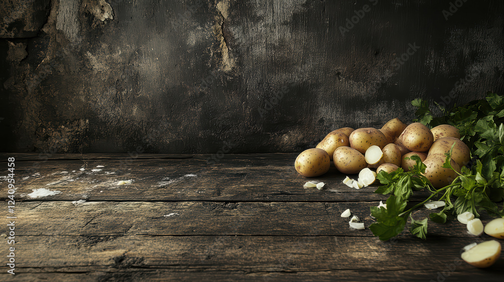 Poster fresh potatoes scattered on rustic wooden table with herbs, creating warm and inviting atmosphere. p