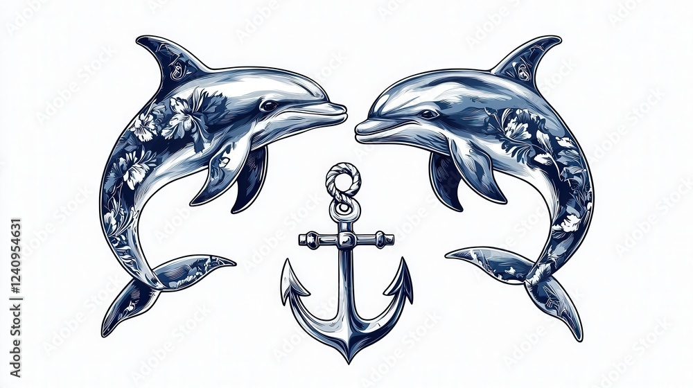 Poster elegant design of two dolphins with floral patterns and an anchor on a white background