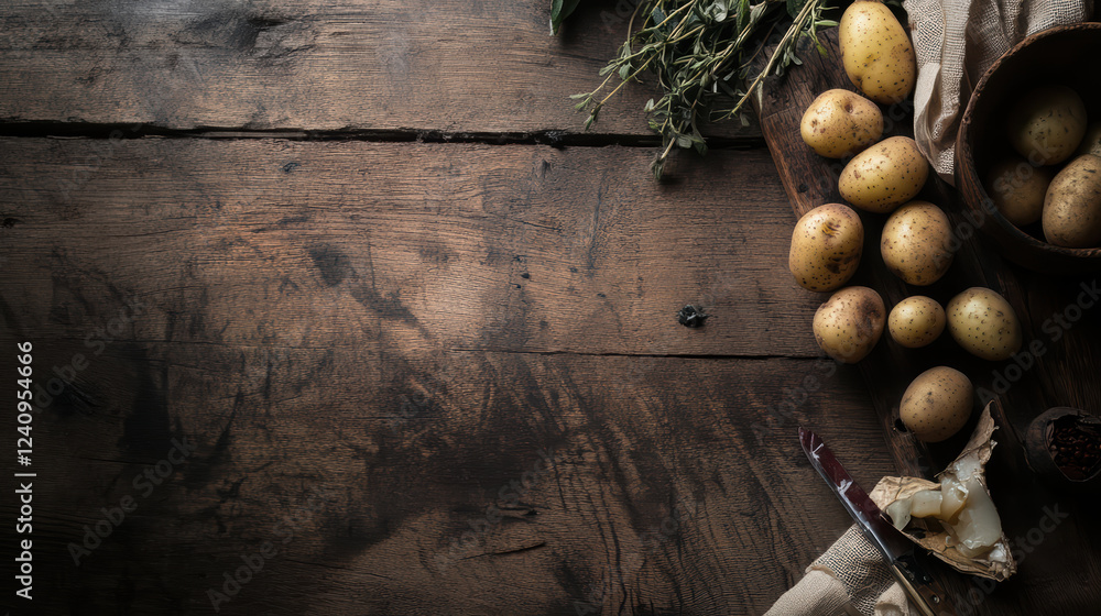 Aufkleber fresh potatoes arranged on rustic wooden table with herbs and knife, creating warm and inviting atmo
