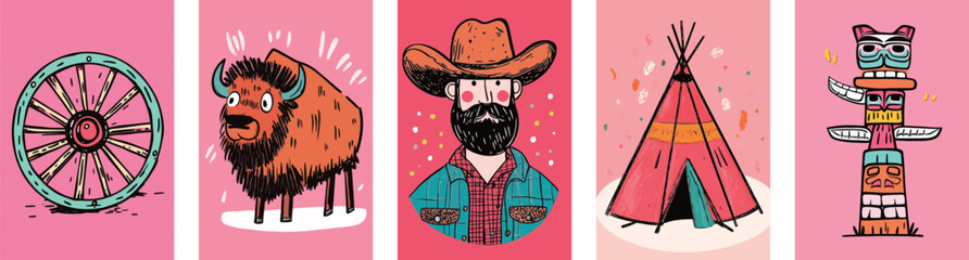 Wild west cartoon design element set. Western cowboy illustrations