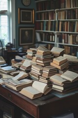 Cozy Library with Stacks of Vintage Books and Wooden Shelves in a Sunlit Room Creating a Warm and Inviting Atmosphere for Reading and Study