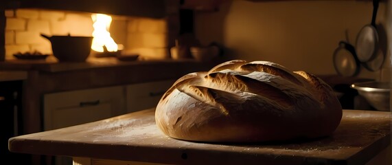 Charming closeup of artisanal bread baking in a rustic kitchen exuding warmth and inviting comforting memories of home cooking