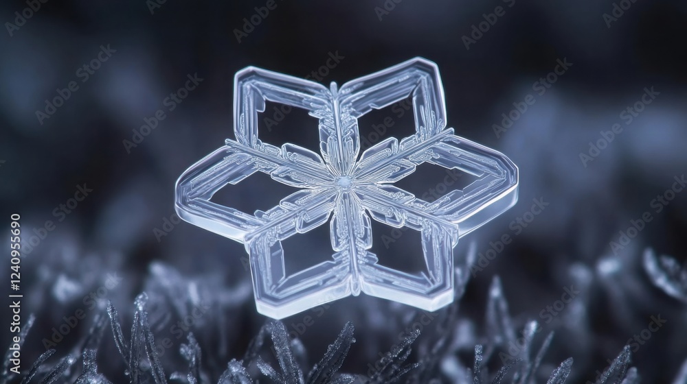 Poster a mesmerizing macro shot of a single snowflake forming in real time, delicate ice crystals