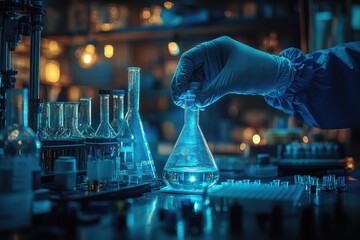 Scientist Conducting Experiment in Laboratory with Glowing Blue Light and Glassware for Innovative Research and Development