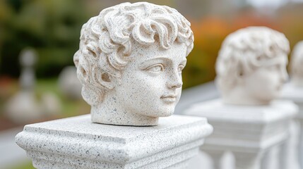 Garden stone cherub busts; autumn background; decorative fence