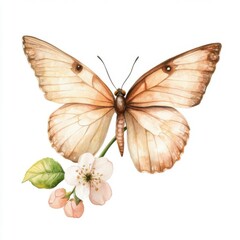Fototapeta premium Tiny butterfly with a little blossom collection, Watercolor style, isolated on white background, clipart