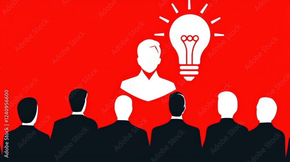 Poster simple line art representation of idea concept with light bulb on red background featuring silhouett