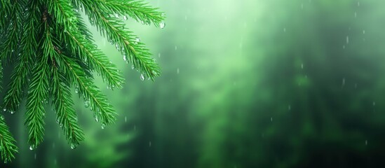 A professional macro shot of a spruce tree branch covered in tiny, glistening raindrops