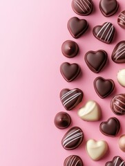 Fototapeta premium A Symphony of Hearts: A Delightful Collection of Exquisite Chocolate Hearts, Beautifully Displayed on a Pastel Pink Surface, Creating a Scene of Pure Romance and Sweet Indulgence
