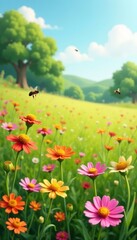 Fototapeta premium serene summer field with a variety of colorful wildflowers and bees, bee, nature