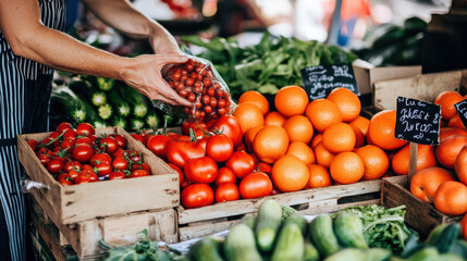 Obraz premium Fresh produce display at farmer market featuring vibrant oranges, tomatoes, and cucumbers. colorful arrangement invites shoppers to enjoy healthy choices
