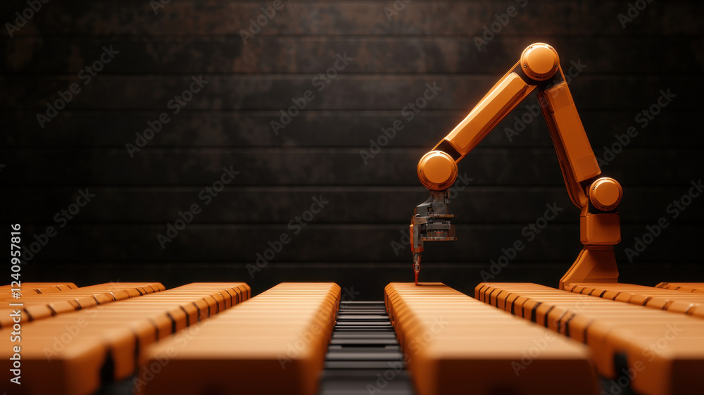 Poster ai in business and industry concept, automated robotic arm assembling items on production line