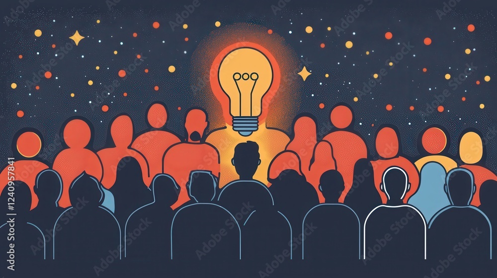 Aufkleber simple line art logo design on gray background featuring light bulb with abstract figures in audienc