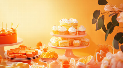 vibrant orange themed dessert table featuring various cakes, cupcakes, and fresh oranges, creating cheerful and inviting atmosphere for any celebration