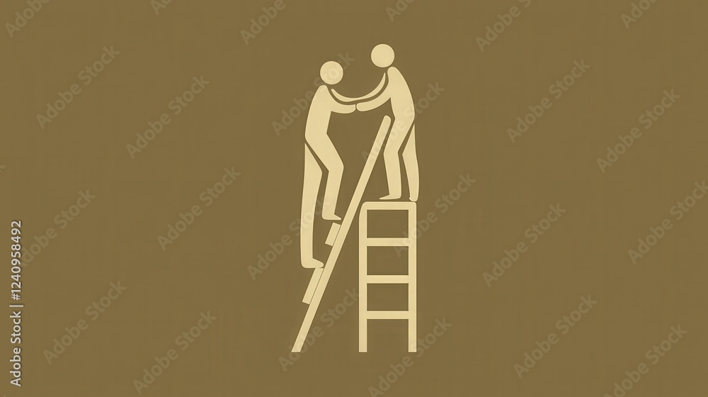 Poster simple line art logo design of two figures assisting each other on a ladder with a minimalist brown 