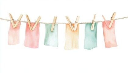 Tiny laundry line with a little clothespin collection, Watercolor style, isolated on white background, clipart