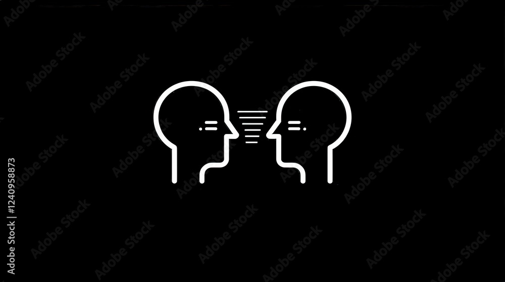 Poster simple line art logo with white design on black background featuring two facing heads in minimalist 