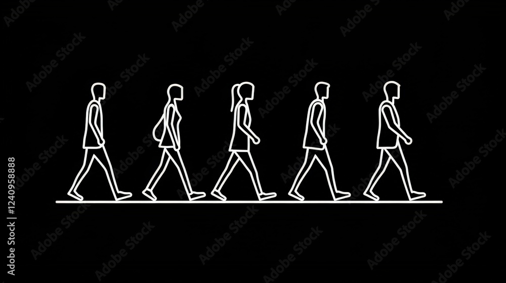 Poster simple line art of walking figures in white on black background for minimalist design projects and i