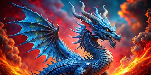 Obraz premium Blue Dragon Fantasy Double Exposure Red Background Stock Photo