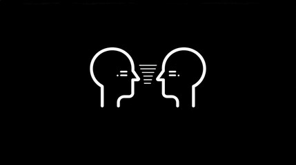Simple Line Art Logo with White Design on Black Background Featuring Two Facing Heads in Minimalist Style