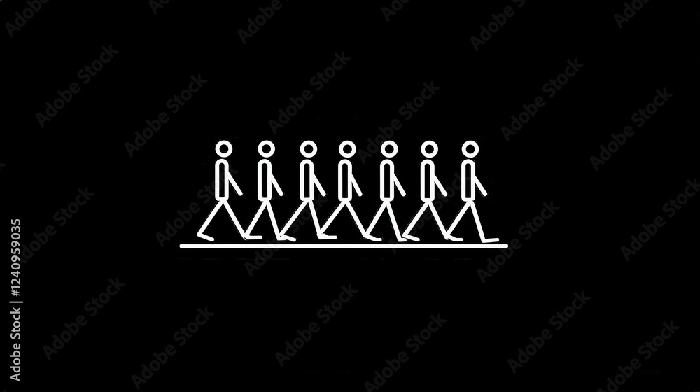 Poster simple line art symbolizing movement of walking figures on black background