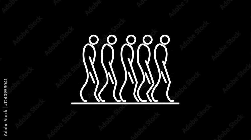 Aufkleber simple white line art of five figures walking in a row on a black background for minimalist design p