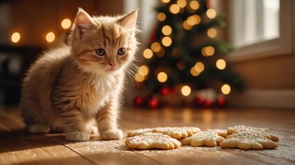 Playful kitten curiously observes decorated cookies on a wooden floor near a festive tree