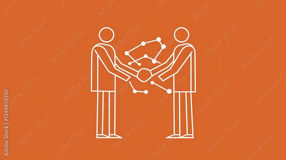 Aufkleber simple line design of two figures shaking hands with network connections on orange background