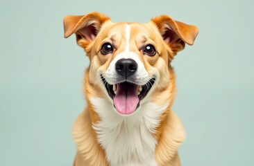 Portrait of a cute red and white dog on a mint light background.