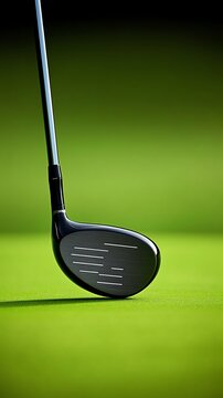 Close-up of a golf club and ball on a vibrant green field, perfect for golfing enthusiasts.