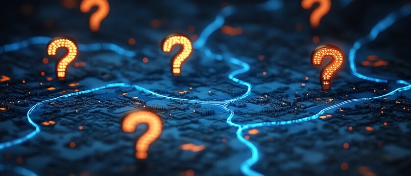 Unclear map with question marks and dotted lines, swirling paths, confusion and uncertainty concept, mysterious and abstract navigation, highdetail, 4K resolution