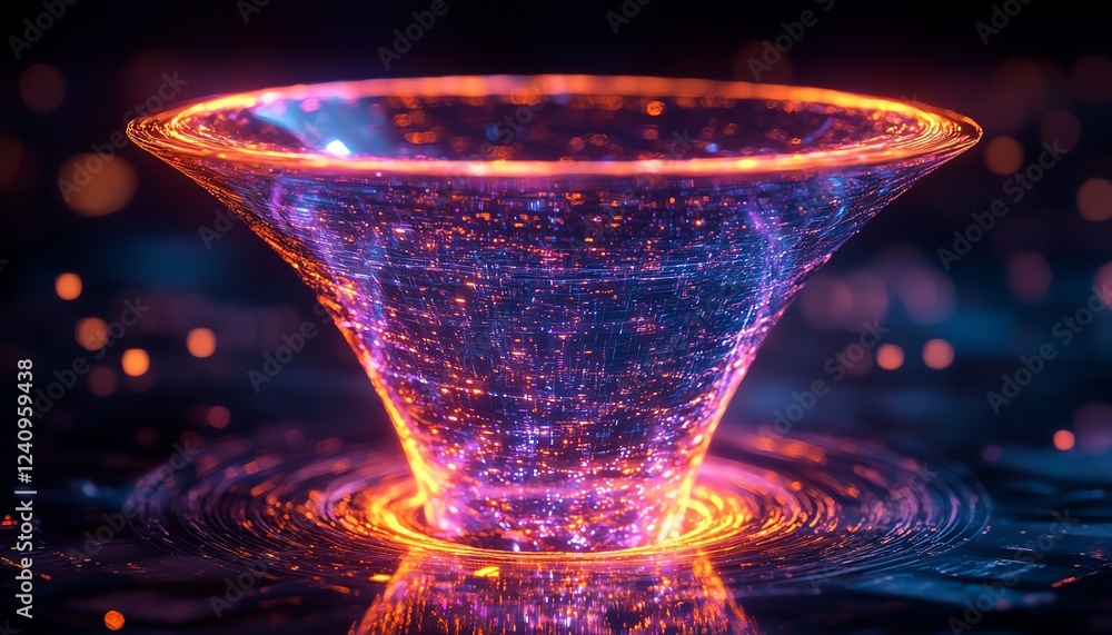 Poster a massive digital funnel processing streams of big data, glowing neon circuits, futuristic interface