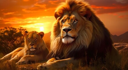 Fototapeta premium African Lions resting in the grass at sunset - Pride of Carnivores in Africa
