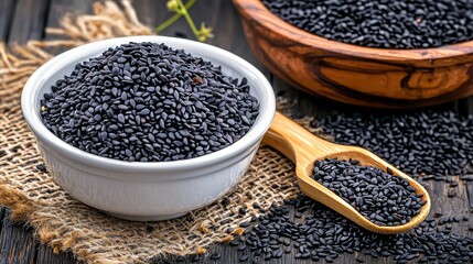 Black sesame seeds in bowls and wooden spoon on rustic table with burlap decoration