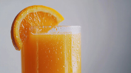 Closeup of orange juice glass on grey background