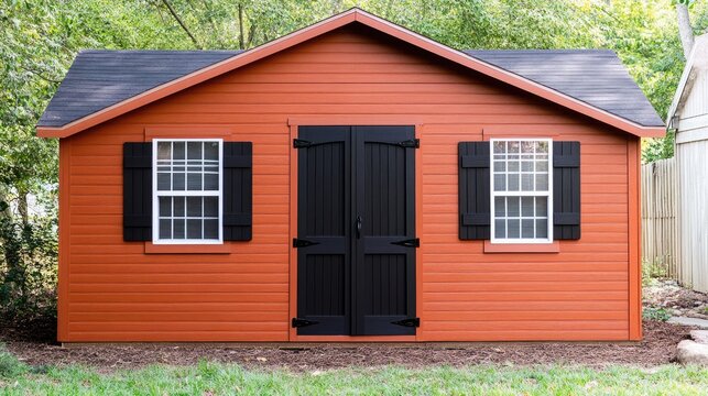 A backyard storage shed with double doors and a pitched roof.